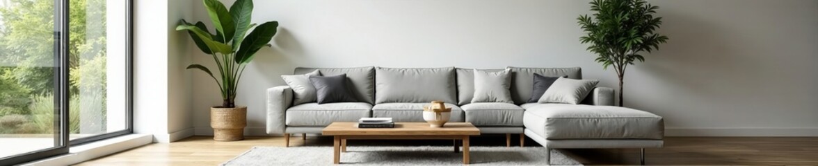 Sleek minimalist living room with grey sofa, wooden coffee table, and potted plants, elegant, modern, stylish