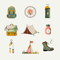 Set of different hiking gear watercolor flat icons.