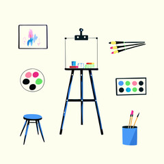 Set of different painting tools watercolor flat icons.