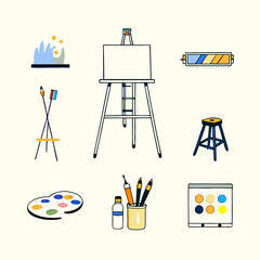 Set of different painting tools watercolor flat icons.