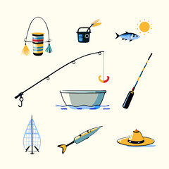 Set of different fishing gear watercolor flat icons.