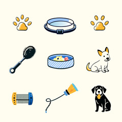 Set of different pet accessories watercolor flat icons.