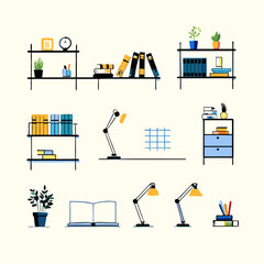 Set of different home office watercolor flat icons.