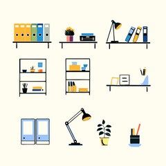 Set of different home office watercolor flat icons.