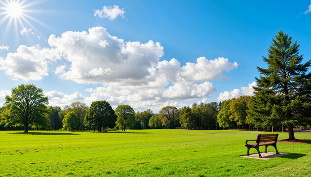 Serene park with lone bench under cloudy sky, nature's tranquility