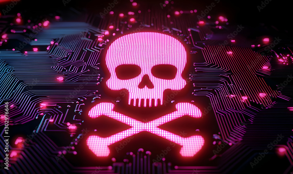 Poster skull and crossbones symbol on digital circuit background