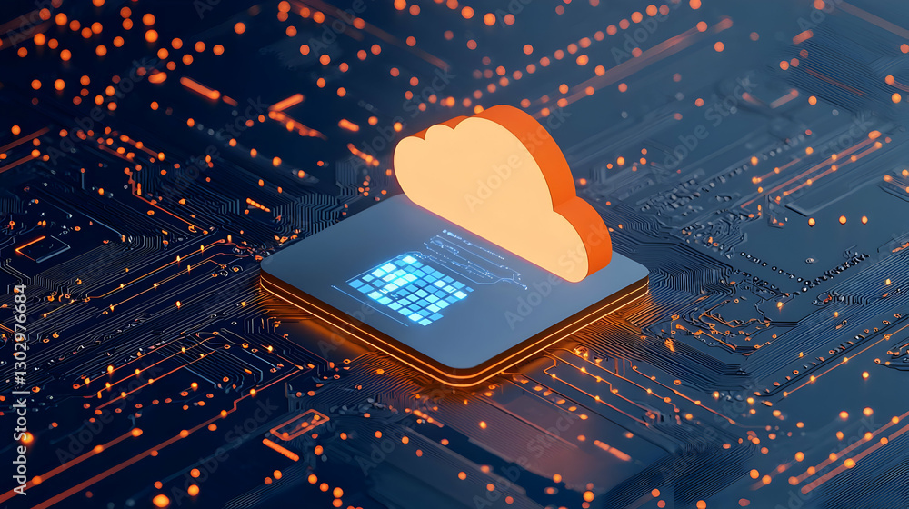 Poster cloud computing concept with circuit board and data visualization