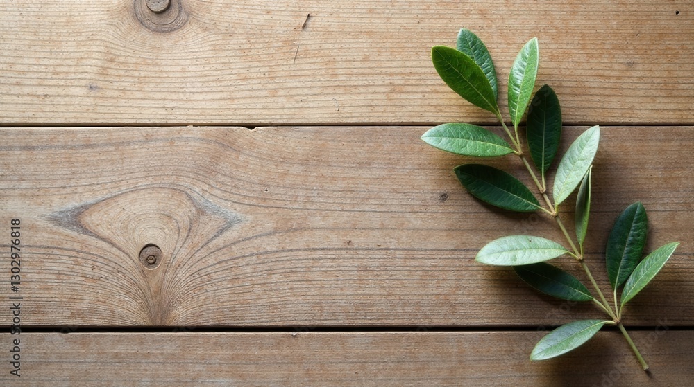 Leinwandbilder serene sprig of vibrant green leaves gracefully arranged on a rustic wooden surface, creating a tran