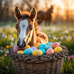 Easter celebration animal, cute easter horse in an easter basket full of colorful easter eggs, sunny spring time holiday, spring flower meadow, golden hour, easter nest