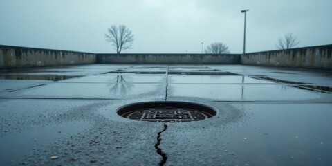 A wet, desolate expanse of concrete reflecting a somber sky, centered on a storm drain