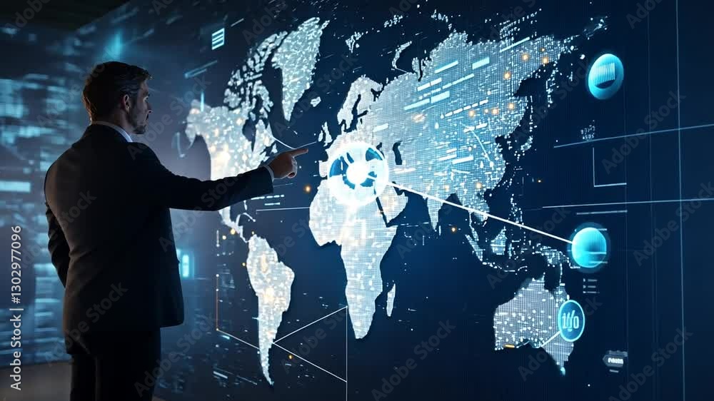 Poster global business expansion strategy with interactive world map touchscreen display