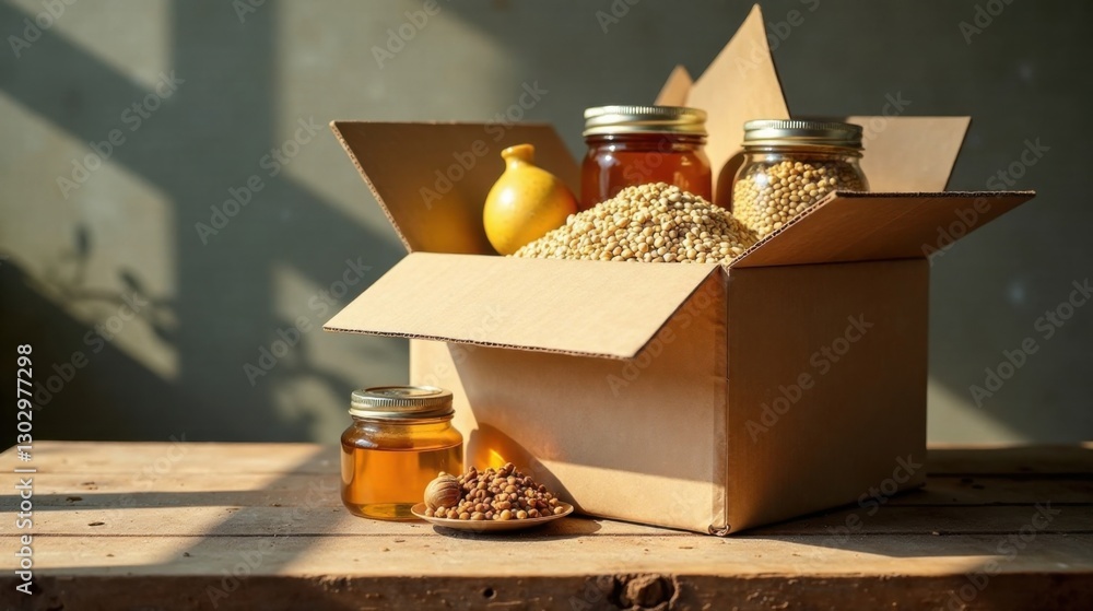 Poster a cardboard box filled with honey jars and grains, sunlight illuminating the contents on a rustic wo