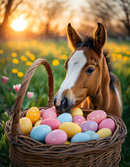 Easter celebration animal, cute easter horse in an easter basket full of colorful easter eggs, sunny spring time holiday, spring flower meadow, golden hour, easter nest
