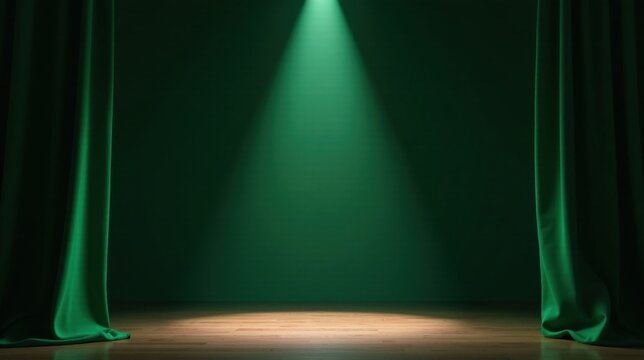 An Enigmatic Stage Set with Emerald Drapes and a Single Spotlight Illuminating a Wooden Floor