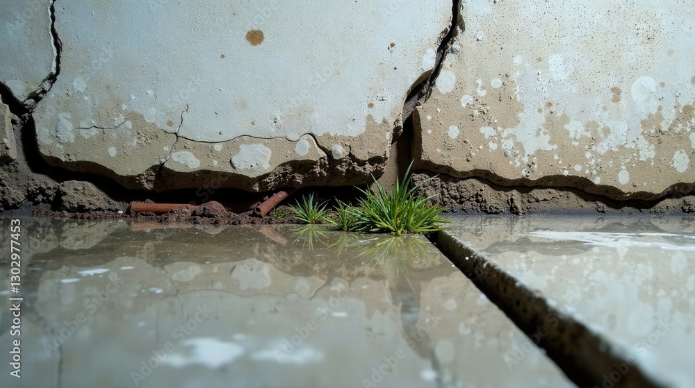 Poster resilient growth amidst deterioration small plants sprouting from cracks in a weathered wall beside 