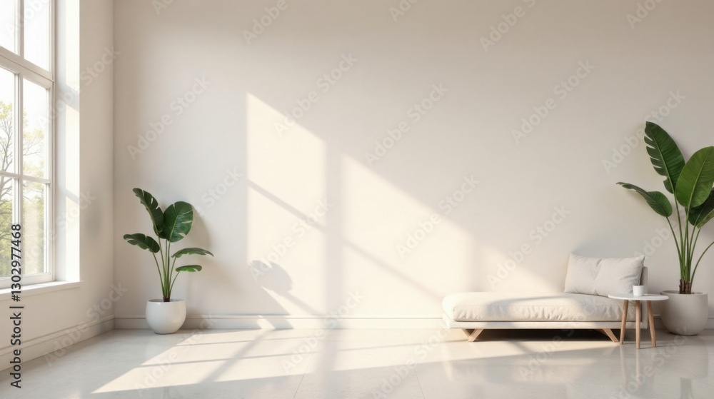 Poster serene minimalist living space featuring a neutral palette, sunlight streaming through a large windo