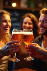 Smiling friends raising their glasses in a cheers, socializing, toast