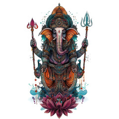 Fototapeta premium Divine Ganesha: An intricately illustrated representation of Lord Ganesha, showcasing vibrant colors and elaborate details, symbolizing wisdom, prosperity, and good fortune.