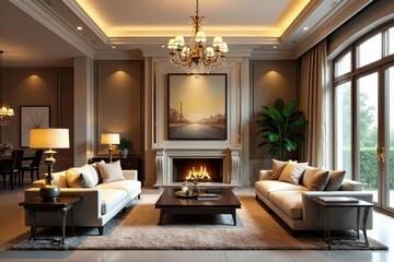Luxurious living room featuring elegant decor, chandeliers, and plush seating, stylish, opulent