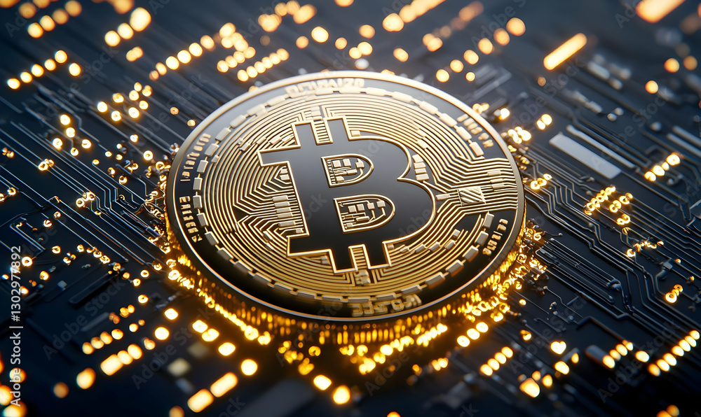 Poster golden bitcoin coin on circuit board with glowing lights and patterns