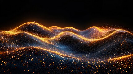 Golden particles ripple over dark landscape