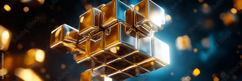 Poster hundreds of smaller reflective cubes assemble into a giant fractal composition, suspended in a limit