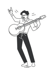 Extreme emotion expression. Cool office worker plays guitar and performs rock music. Happy positive employee of company. Outline flat vector illustration isolated on background