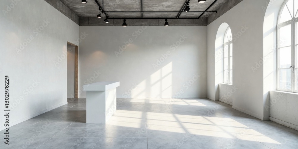 Poster sunlit modern loft space with minimalist reception desk and exposed concrete ceiling