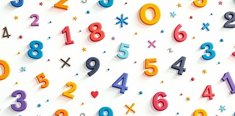 Colorful seamless pattern with numbers and mathematical symbols on white background, math, repeat