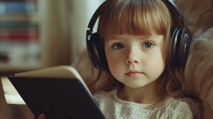 Cute little girl with headphones and tablet listening to audiobook at home