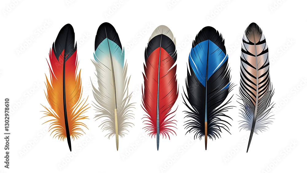 Poster detailed black and blue bird feathers isolated on white, artistic composition with soft texture, hig