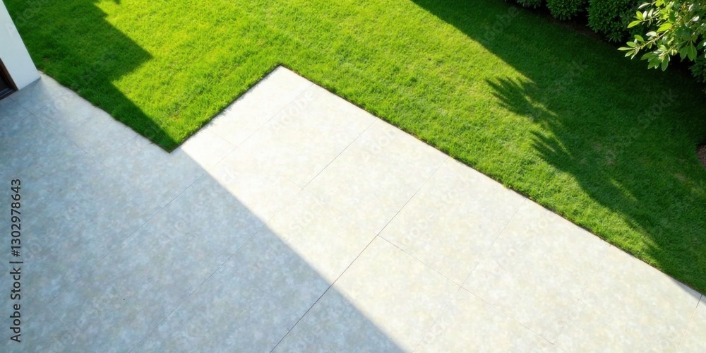 Poster sunlight illuminates a light grey patio adjacent to a lush green lawn, creating a striking contrast 