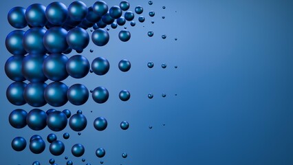 Abstract 3D spheres, scattered, blue background