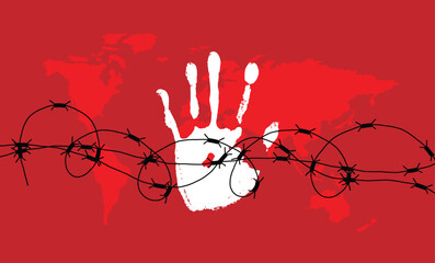 Hand Trace with World Map Human Trafficking. Labor and work employment crime, illegal activity vector art
