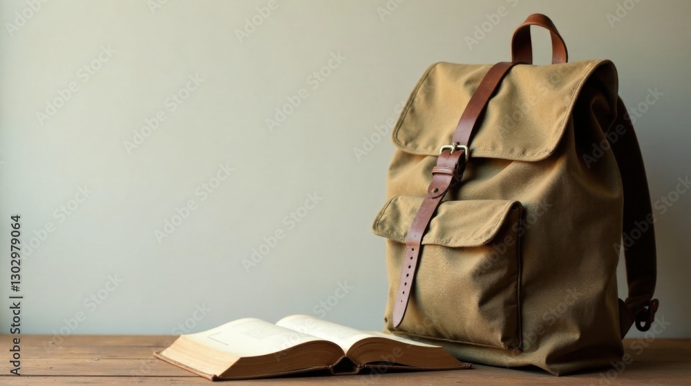 Poster a tan canvas backpack and open book resting on a wooden surface