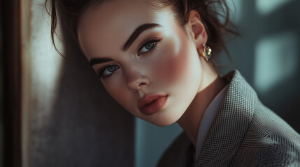 Portrait of a woman with striking eyes, face beauty, stylish hair, and expressive lips in a fashion setting