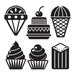 Set of nine-line icons representing different types of desserts ice cream, pudding, and cake