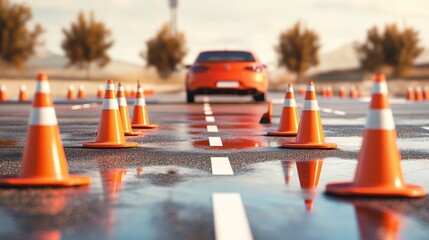 Driver training course with road cones and car for skill enhancement on a closed track