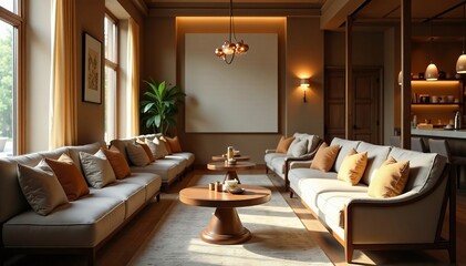 Comfortable seating area with soft cushions, warm lighting, and elegant furnishings , seating, lighting