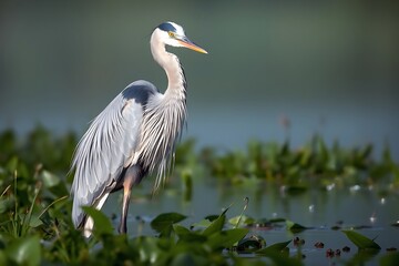 Fototapeta premium Majestic Blue Heron Standing in a Verdant Marsh with Penetrating Gaze Amid Drizzling Rain