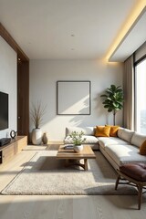 Fototapeta premium Spacious living room with neutral color palette, sleek furniture, interior, modern, elegant