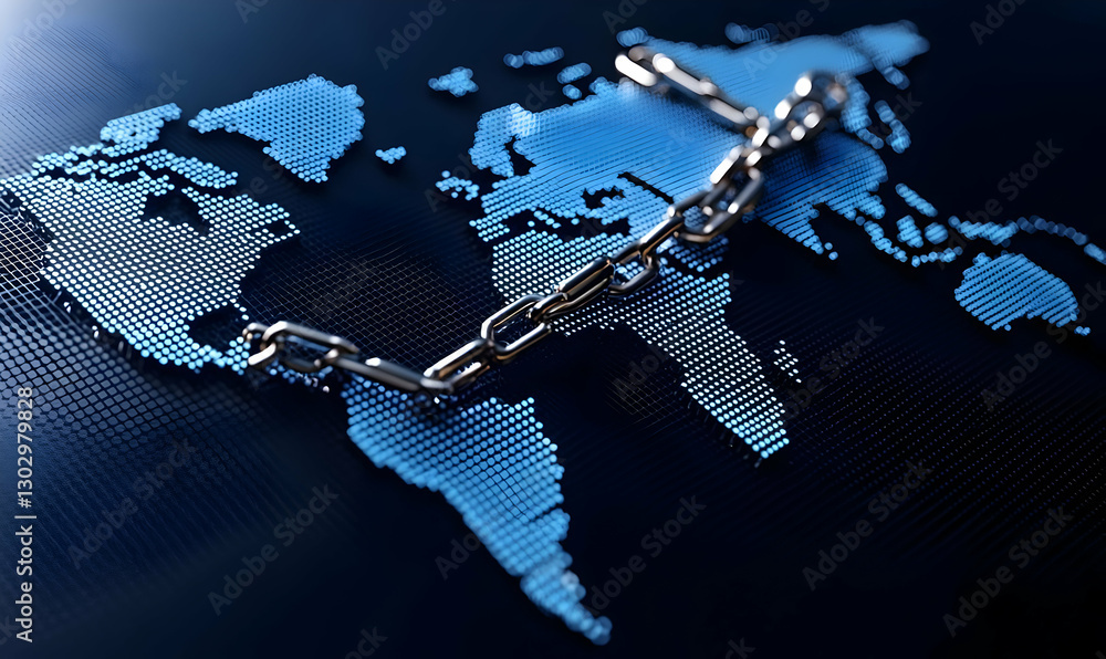 Poster digital world map with chain symbolizing global connectivity and security