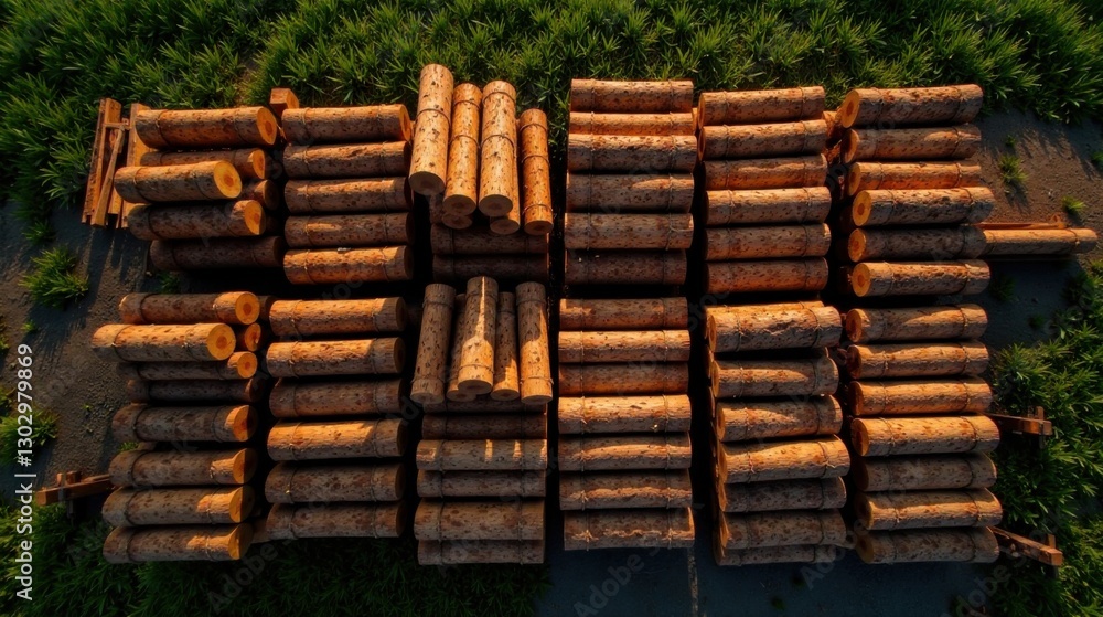 Poster overhead view of stacked timber logs in a rural setting, ready for transport or processing