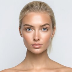 head of a beautiful young blonde woman in front of a white background