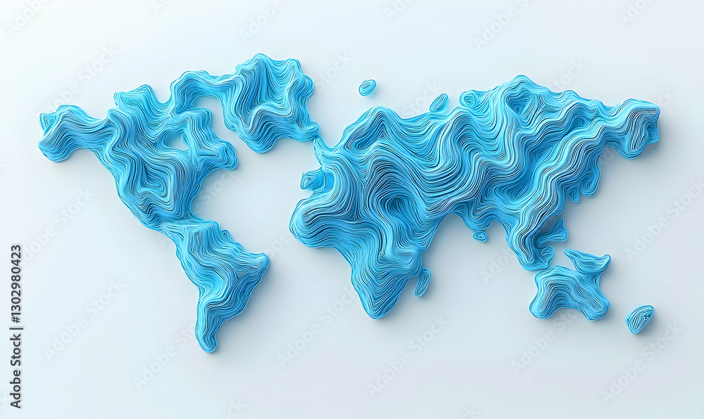 Poster abstract world map design in blue with wavy lines and texture