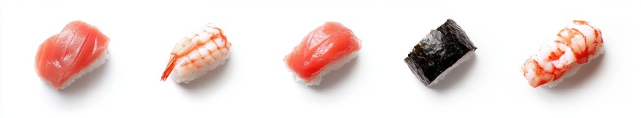 pieces of sushi with different types of fish on a white background