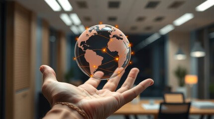 Global network in palm: A translucent globe with glowing connections hovering above an open hand.
