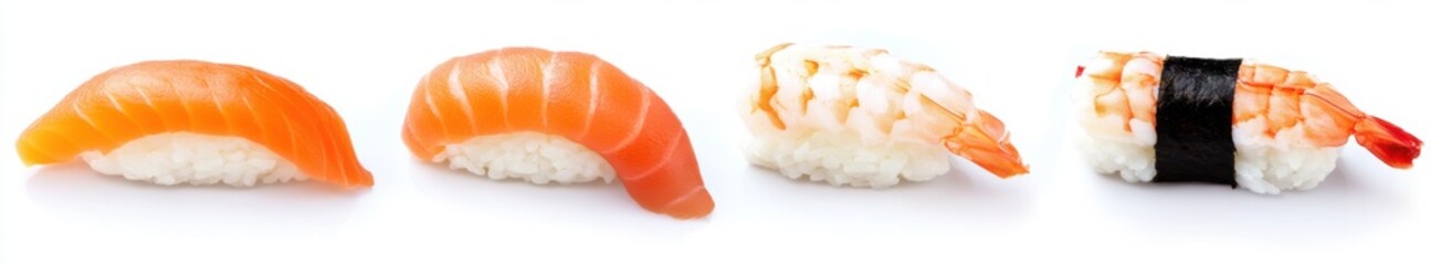 pieces of sushi with different types of fish on a white background