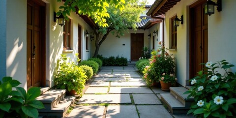 Obraz premium Sun-drenched Courtyard with Lush Greenery and Wooden Doors Leading to Private Rooms, Creating a Serene and Inviting Atmosphere