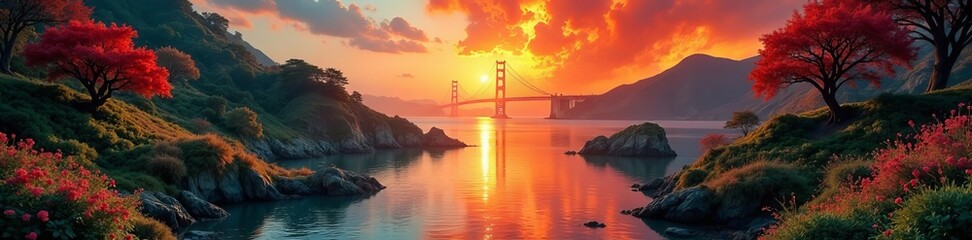Split image of a serene garden and a fiery hell landscape divided by a golden gate, good vs evil, heaven, hell